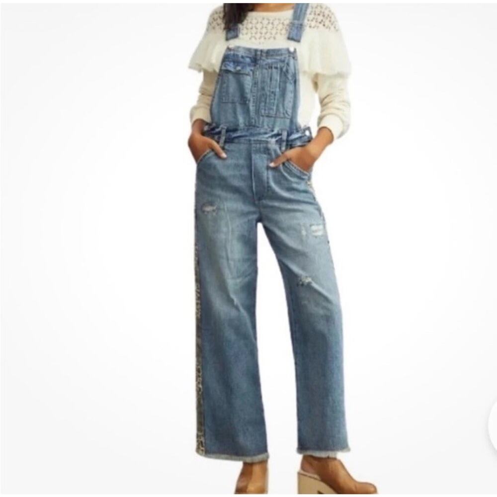 Anthropologie Pilcro The Lex Denim Jean Bib Overalls Animal Print Womens 29 - Picture 2 of 9